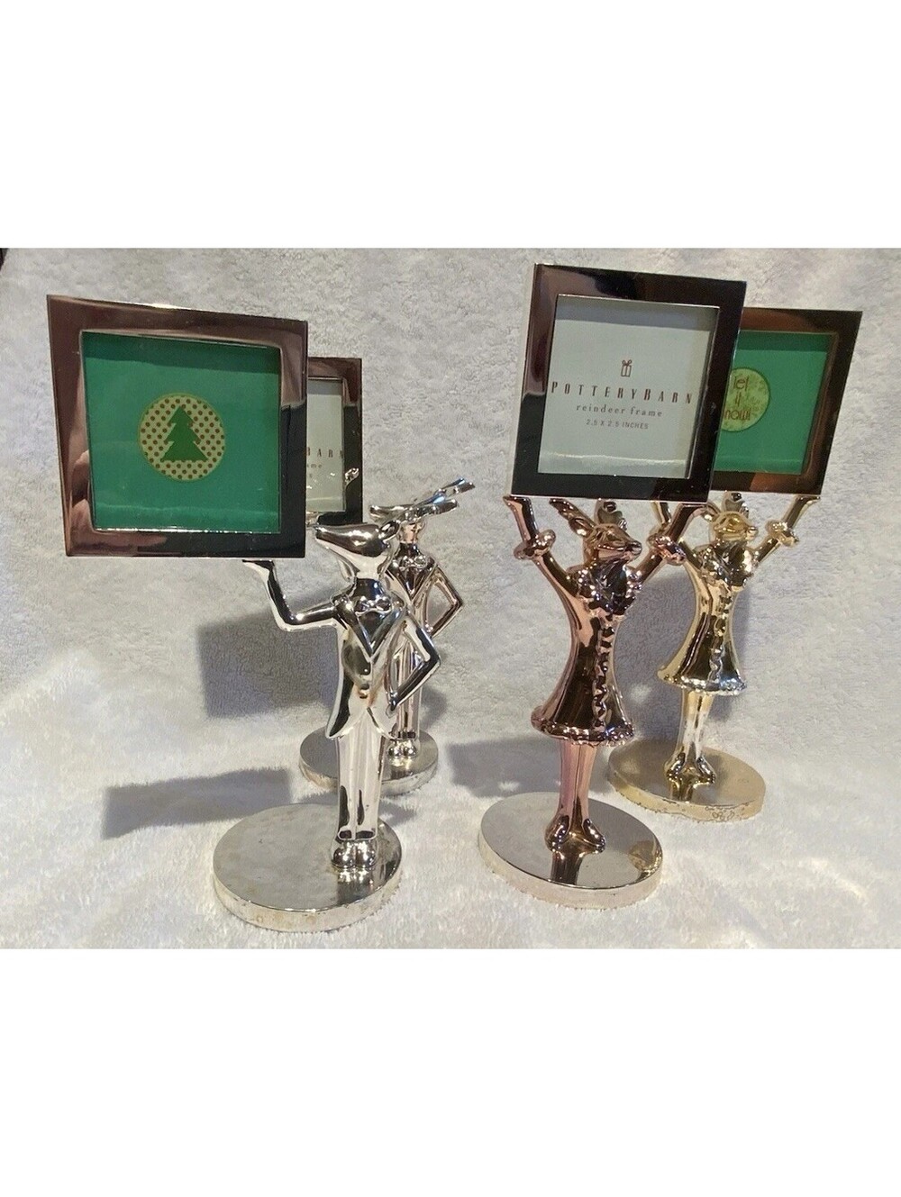 Pottery Barn Set of Two Reindeer Silver Tone Weighted Picture 2.5” x 2.5” Frames